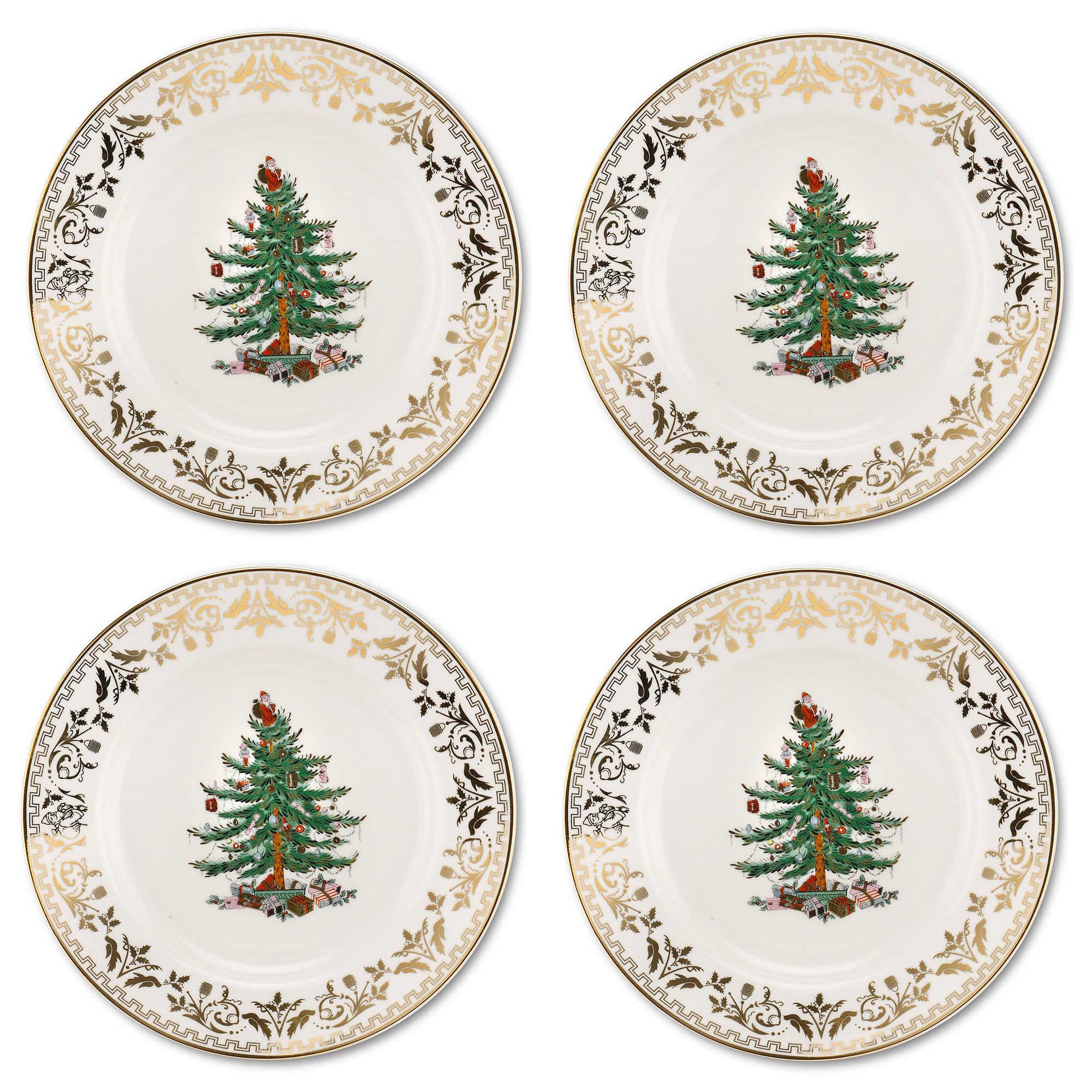 Spode Christmas Tree Gold Salad Plate (Set of 4) – 8-Inch Porcelain Dinner & Appetizer, Christmas Dinnerware & Holiday Tableware, Microwave & Dishwasher Safe, Festive Seasonal Dining Plate