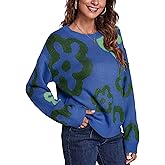 Angashion Women Long Sleeve Sweater - Fall Casual Crewneck Knit Tops Floral Print Cute Loose Pullover Jumper
