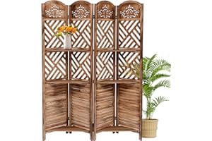 TackView 4-Panel Wood Room Divider with Shelves, Farmhouse Freestanding Folding Privacy Screen, Storage Organizer for Bedroom