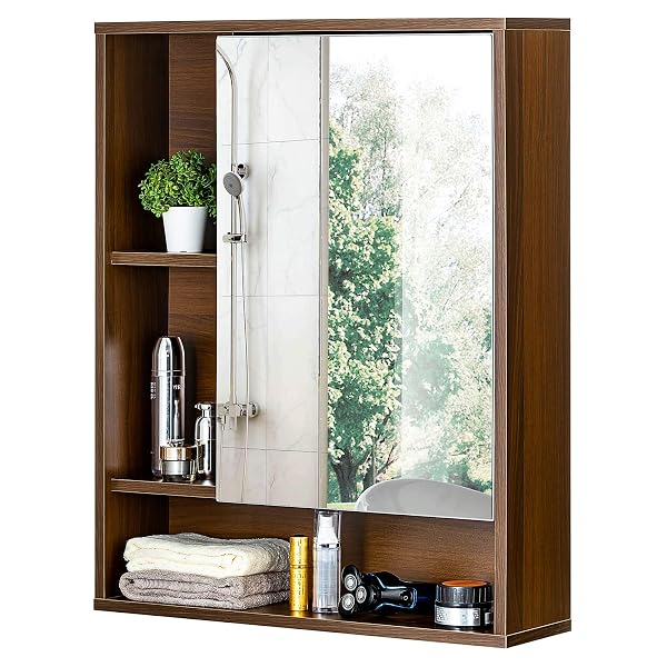 CHOOCHOO BATHROOM WALL MIRROR CABINET, MEDICINE CABINET WITH SINGLE DOOR AND ADJUSTABLE SHELF, OVER THE TOILET SPACE SAVER STORAGE CABINET, WALNUT
