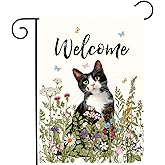 Spring Cat Garden Flag Floral Tuxedo Cat Garden Flags for Outside Summer Flower Outdoor Flag Small Farmhouse Welcome Yard Flag 12x18 Double Sided