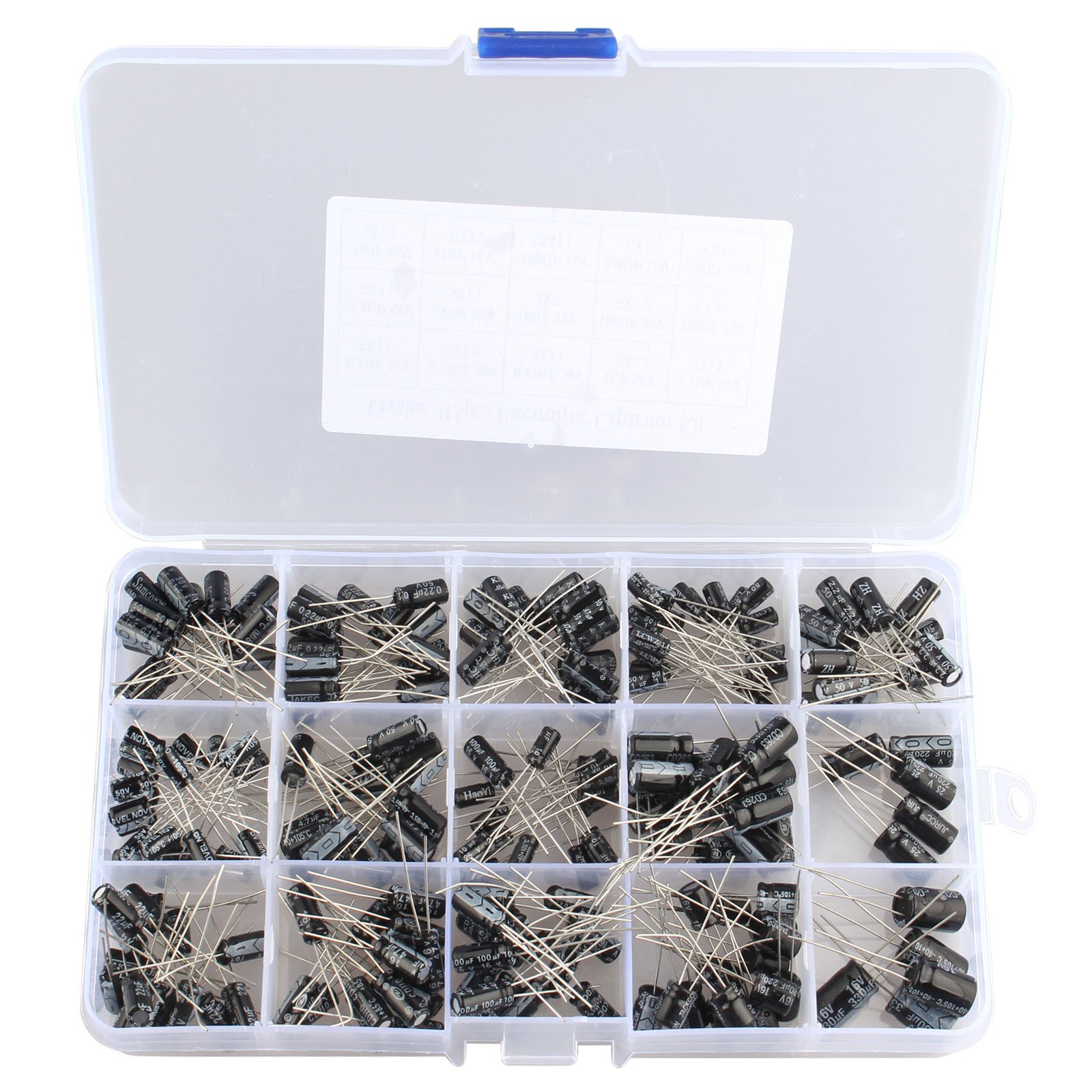 HALJIA 215Pcs 15 Values 0.1uF-330uF Mix Electrolytic Capacitor Assortment Kit with Storage Box