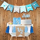 1/2 Birthday Boy Half Birthday Decorations – 4PCS Blue 6 Month Party Set with 1/2 Way to One Banner, Halfway High Chair Banner, Cake Topper and Hat for 6 Month Baby Boy Photo Shoot Decor