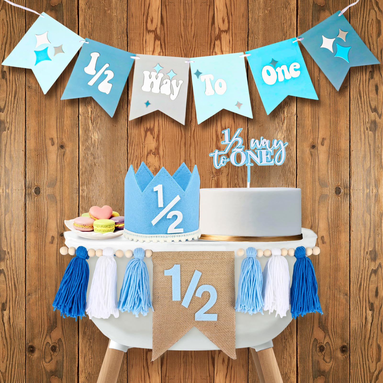 Photo 1 of 1/2 Birthday Boy Half Birthday Decorations – 4PCS Blue 6 Month Party Set with 1/2 Way to One Banner, Halfway High Chair Banner, Cake Topper and Hat for 6 Month Baby Boy Photo Shoot Decor