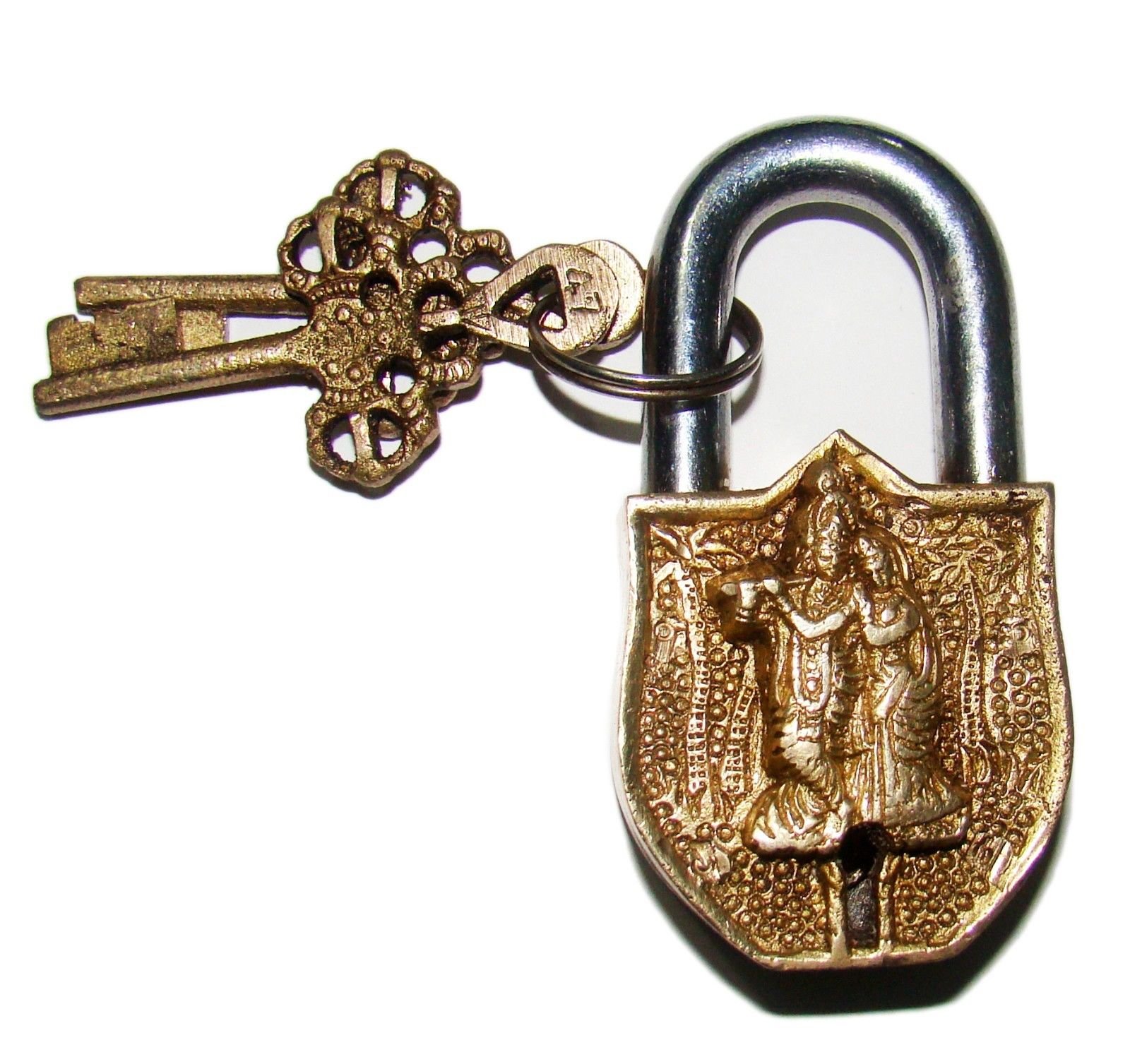 Purpledip Vintage Brass Padlock/Lock with Radha-Krishna Relief - Small (10327)