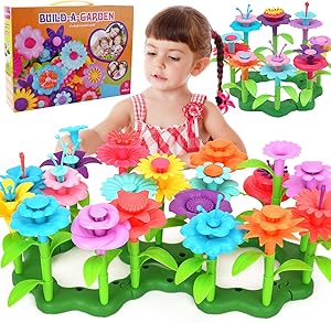 Happytime Flower Garden Building Toy Set 148 Pcs Build a Bouquet Floral Arrangement Playset Pretend Gardening Blocks Educational Creative Craft Toys for 3, 4, 5, 6 7 8 Year Old Toddlers Kids Girls