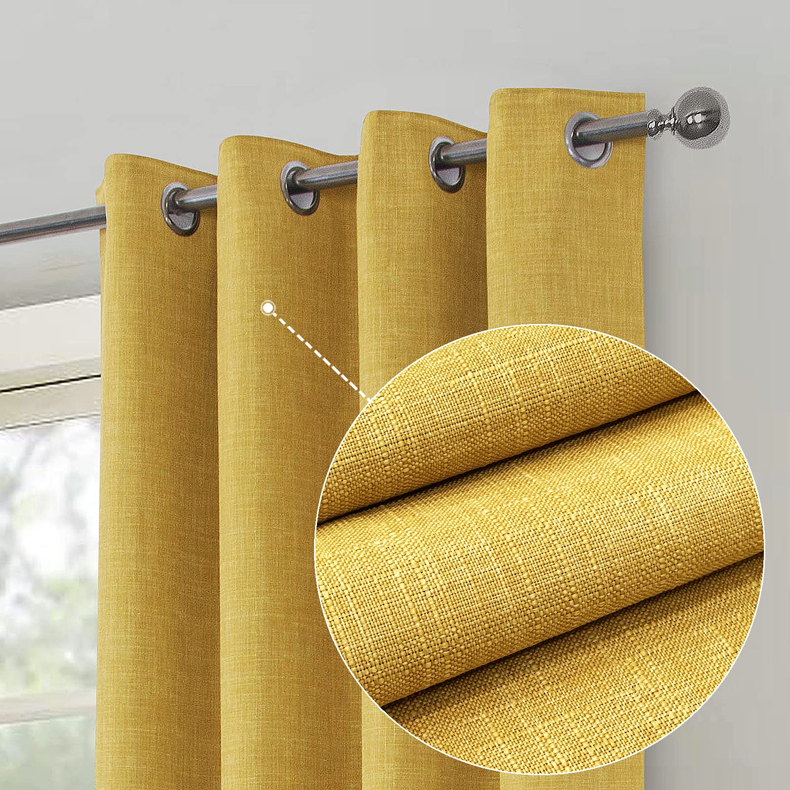 always4u Linen Look 100% Blackout Eyelet Curtains Thermal Energe Saving for Bedroom 1 Pair Noise Reducing Solid Modern Window Treatment for Home Decoration Yellow W66*L72