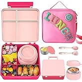 Aimsnk Kids Bento Lunch Box with 8oz Soup Thermo, Kids Leakproof Lunch Food Containers with 4 Compartment,Insulated Hot Food Jar with Lunch Bag for School, Travel (Pink)
