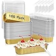 Ruckae 100 Pack Mini Loaf Pans with Lids and Spoons Disposable Aluminum Tin Foil Pans Rectangle Mini Loaf Cake Pan for Baking,Party,Picnics,Gifts (Gold)