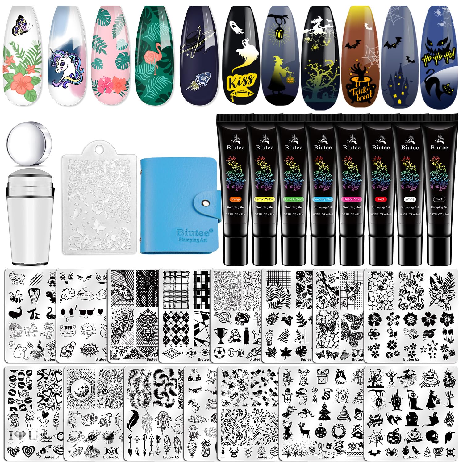 Photo 1 of Biutee Nail Stamper Kit 15pcs Nail Art Stamp Plate 8pcs Stamp Gel Polish 1pcs Nail Stamper Scraper Set with Storage Bag, Nail Stamp Template Kit Flower Lace Animal Star Halloween Christmas Design