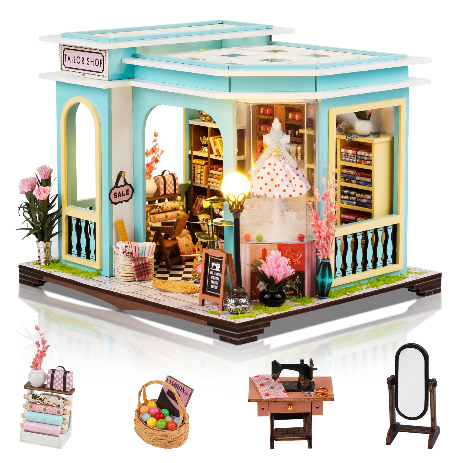 Foyucool DIY Miniature House Kit, Dollhouse Kit with Furnitures, 1:24 Mini House Making Kit for for Adult to Building, Father's Day/Home Decorations/Gifts for Friends, Tailor's Store