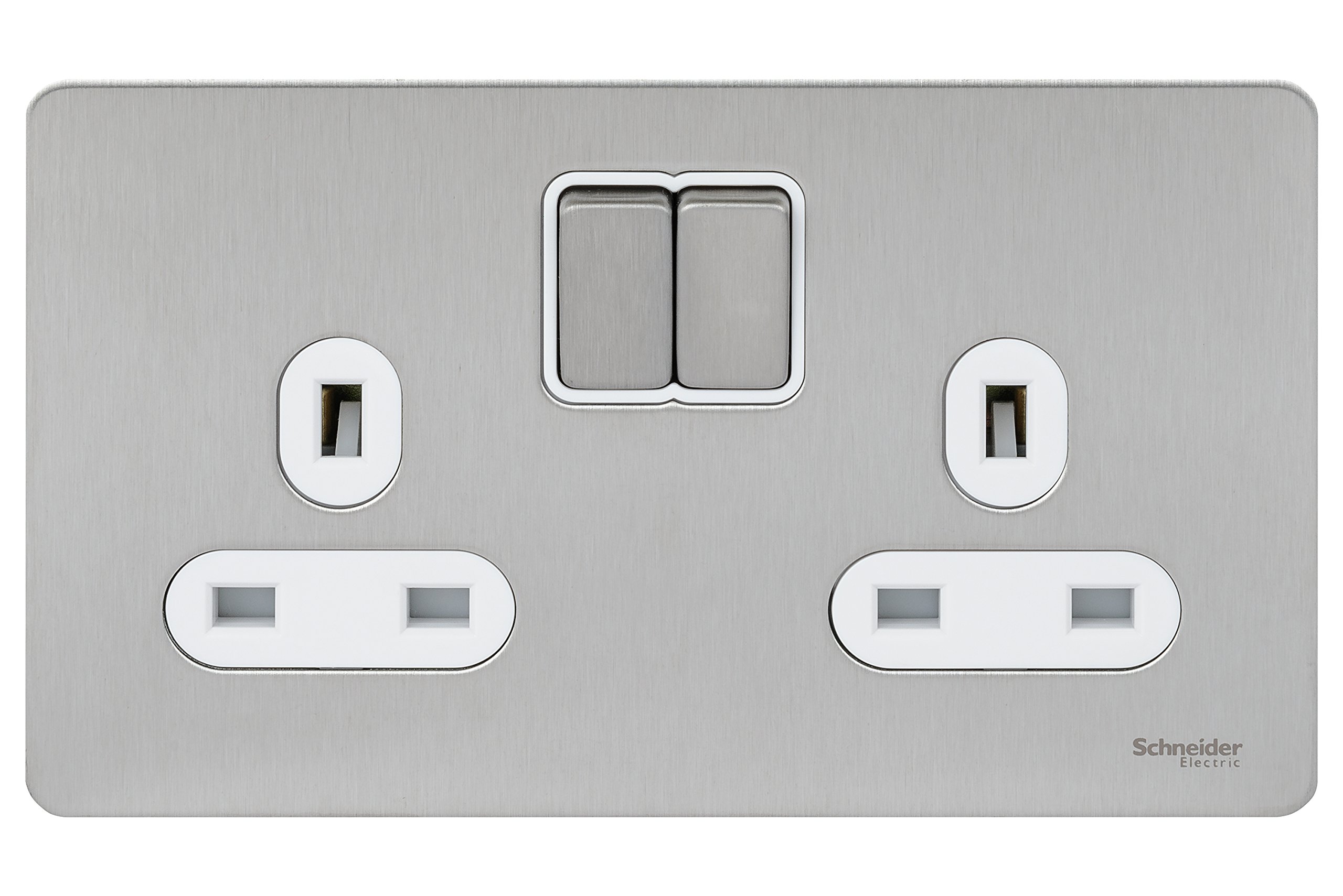 Schneider Electric Ultimate Screwless Flat Plate - Double Switched Power Socket, 13A, GU3420WSS, Stainless Steel with White Insert
