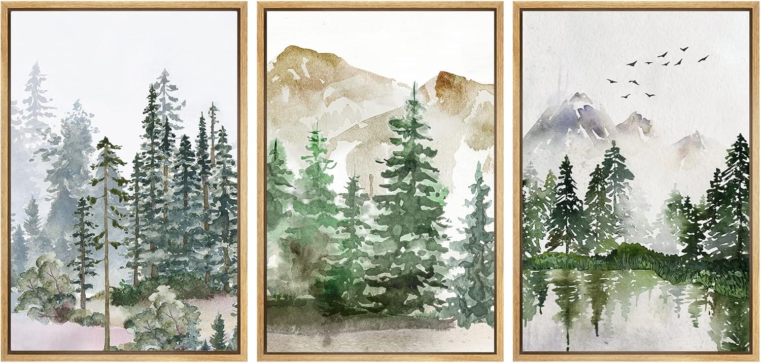 Posters & Prints - SIGNWIN Framed Canvas Print Wall Art Set Pastel Mountain Range Forest Mist Nature Wilderness Illustrations Modern Art Decorative Rustic Calm/Zen for Living Room, Bedroom, Office - 24