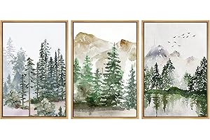 SIGNWIN Framed Canvas Print Wall Art Set Pastel Mountain Range Forest Mist Nature Wilderness Illustrations Modern Art Decorative Rustic Calm/Zen for Living Room, Bedroom, Office - 24"x36"x3 Natural