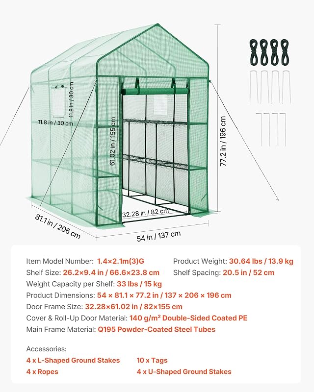 Estufa exterior 137 x 206 x 196 cm, Estufa de jardim com porta enrolável e 2 janelas, prateleiras de 3 níveis, cobertura de PE, viveiro doméstico para plantas, legumes flores, verde
