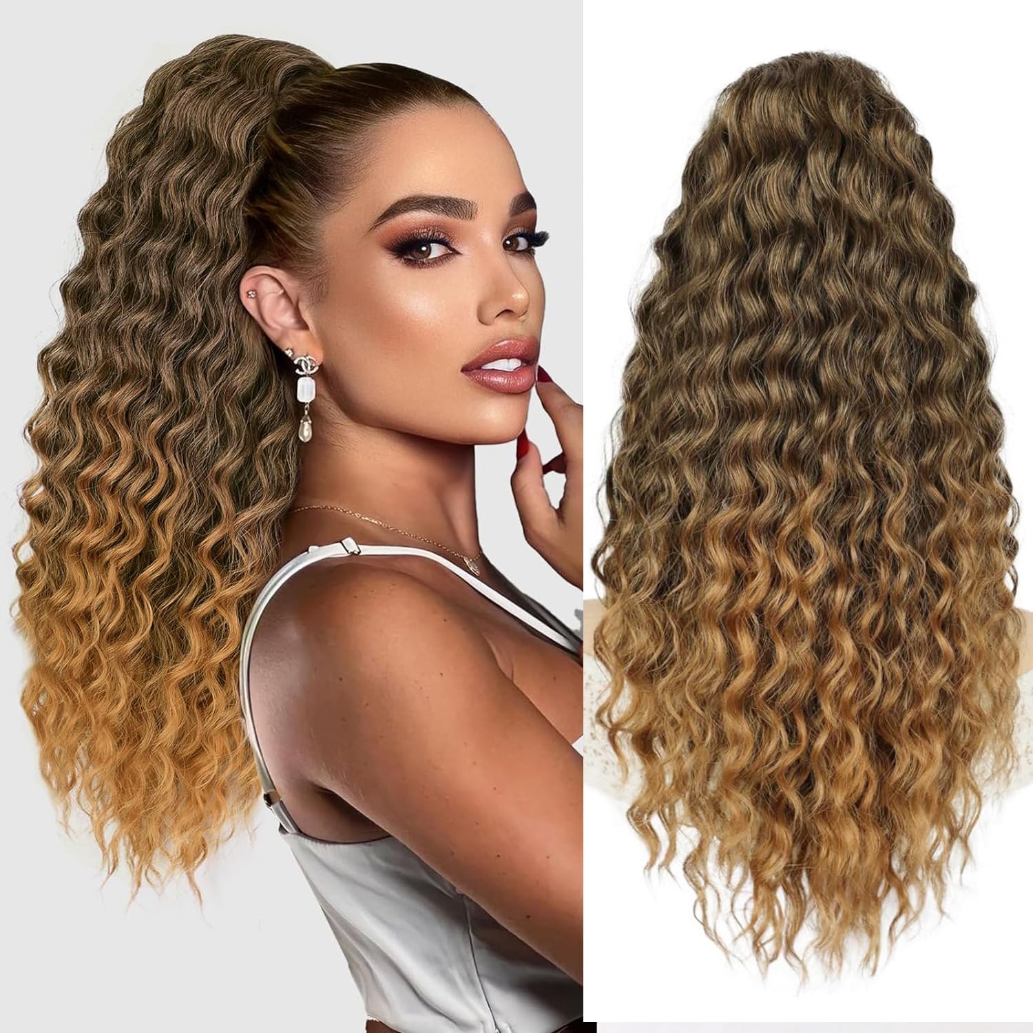 colorfulpanda Long Drawstring Curly Ponytail Hair Piece for African, American Ponytail Extension Synthetic Hair Afro Kinky Curly Ponytail with Clip in Hairpiece for Women,18 inch(Black/Blonde)