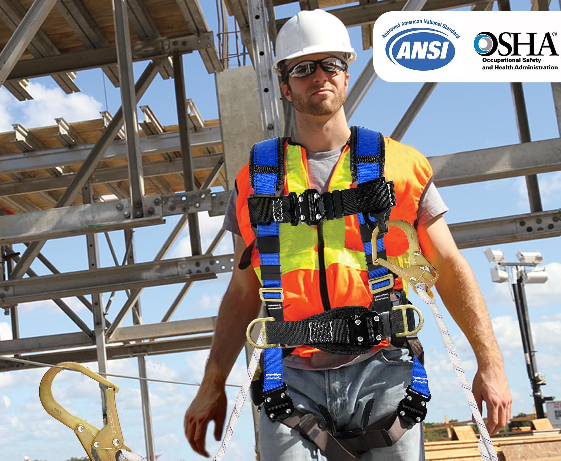 TRSMIMA Safety Harness Fall Protection - Roofing Harness Kit Men Full Body Construction Harness with Lanyard for Work Upgrade 4 Quick Buckles