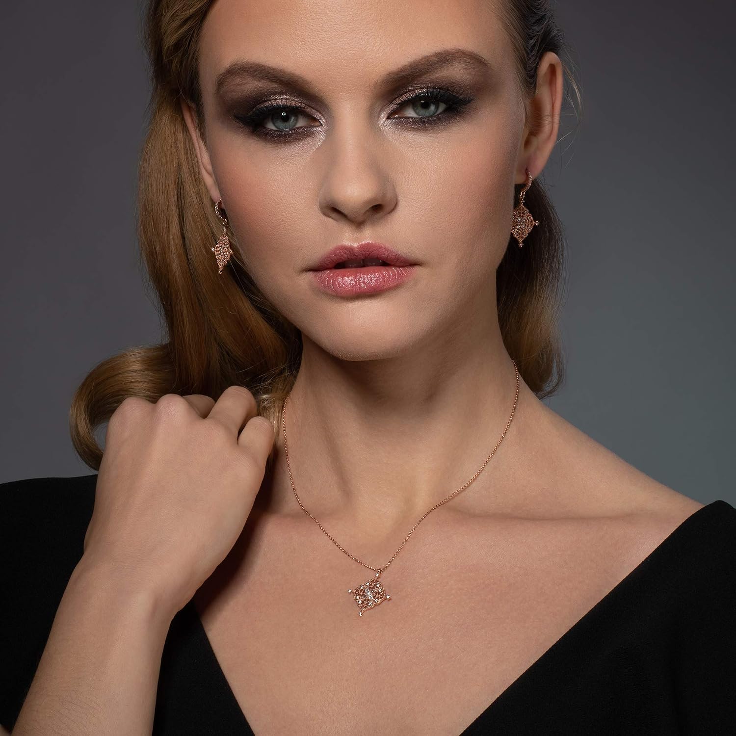 Namana Arabesque Drop Earrings. Earrings for Women Set including Cubic Zirconia Gemstones on Intricate Filigree Details. Rose Gold Dangly Earrings for Women with Gift Box - Image 5