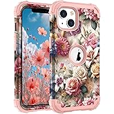 Hocase for iPhone 14 Case/iPhone 13 Case, Heavy Duty Shockproof Protection Soft Silicone Rubber+Hard Plastic Bumpers Hybrid Protective Case for iPhone 13/14 (6.1") - Rose Flowers