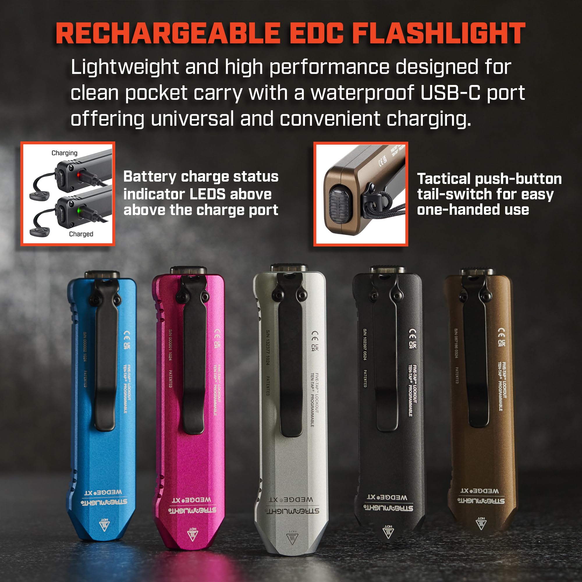 Streamlight 88812 Wedge XT 500-Lumen 1900-Candela Flat Everyday Carry Flashlight, Includes USB-Cable and Pocket Lanyard, Black