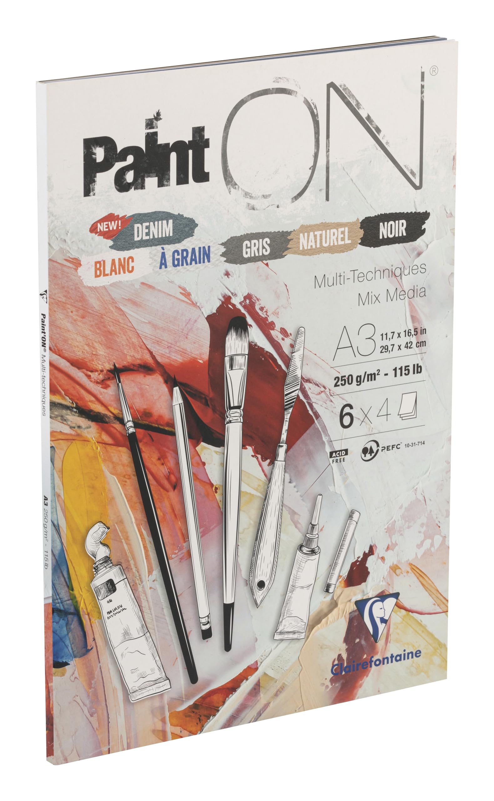 Clairefontaine - Ref 975411C - Paint'ON Multi-Technique Assorted Colour Paper Pad (24 Sheets) - A3 Size, 250gsm Heavyweight Paper, Slight Rough Grain, Acid Free, pH Neutral