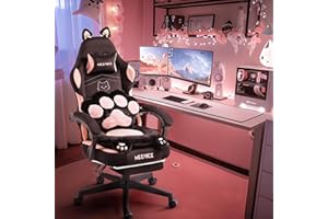 MEENICE Pink Gaming Chair Cute with Cat Ears Paw Lumbar and Cushion,Ergonomic Computer Chair with Footrest,Reclining PC Game Chair for Girl Computer Chair 300lbs for Adult