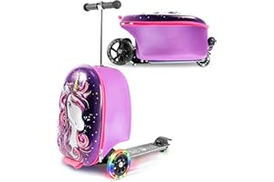 KIDDIETOTES Ride-On Scooter Suitcase for Kids – Hardside Lightweight Carry-On Luggage with Foldable Scooter, LED Wheels, Travel Fun for Toddlers & Children