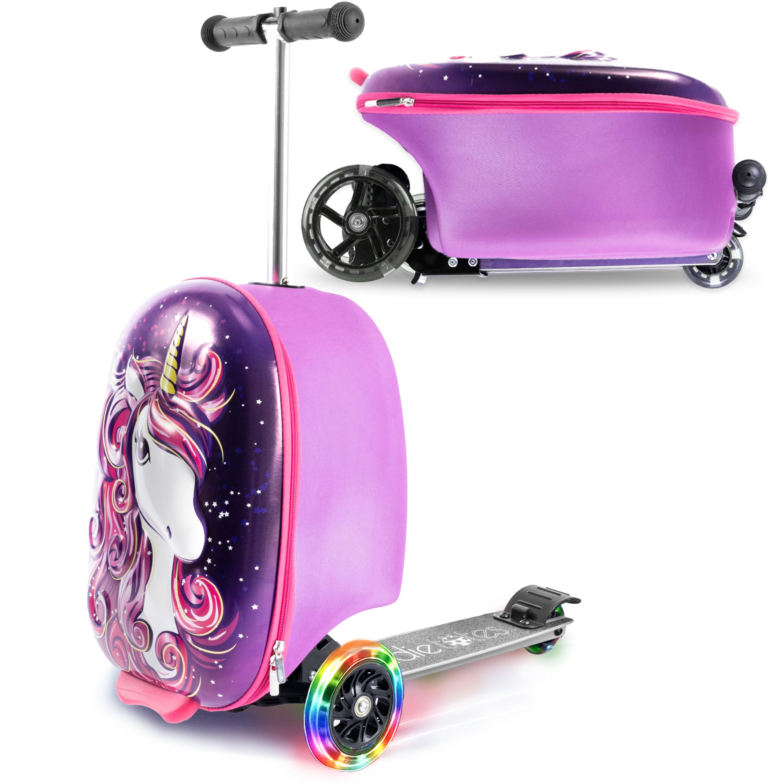 KIDDIETOTES Ride-On Scooter Suitcase for Kids – Hardside Lightweight Carry-On Luggage with Foldable Scooter, LED Wheels, Travel Fun for Toddlers & Children