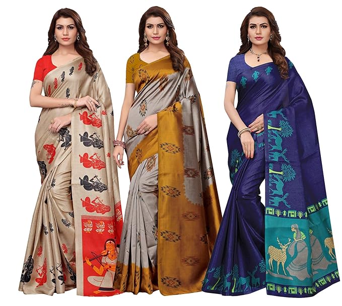 Womens Poly Silk Printed Saree (Multicolour) - Combo of 3