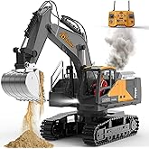 Remote Control Excavator Toy for Boys 3+, RC Construction Vehicle with Spray, 3×Rechargeable Battery/680° Rotation/Metal Shov