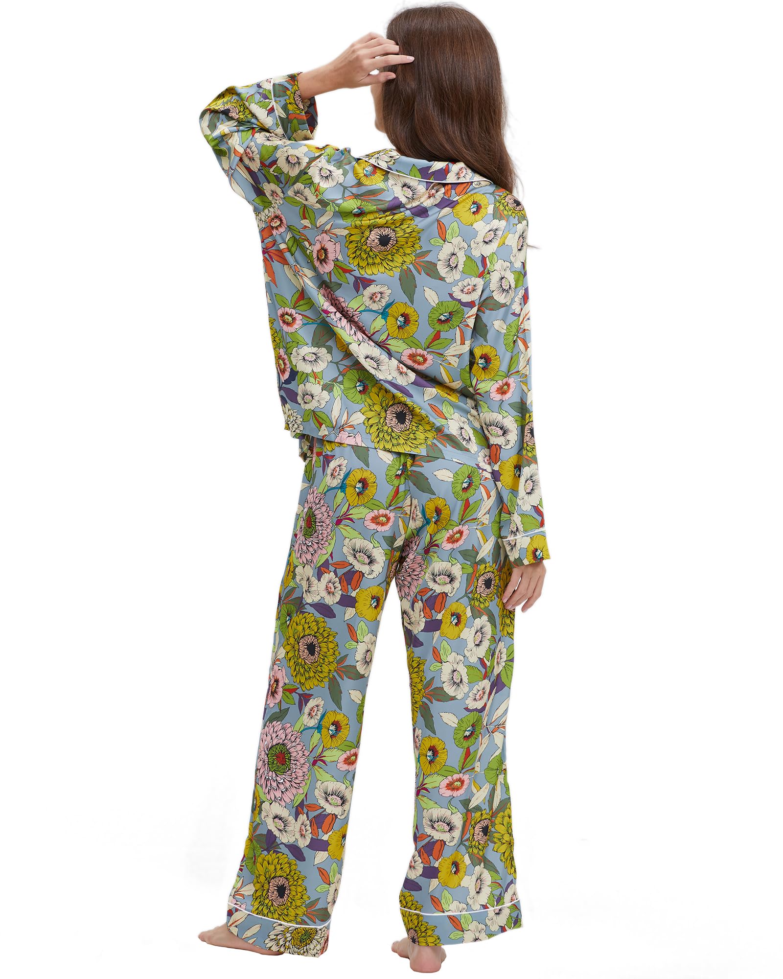 YiNi LuLu Womens Silk Satin Pajamas Set Button Down 2 Piece Pjs Long Sleeve Oversized Sleepwear with Pockets