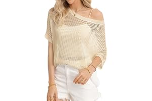 QUALFORT Womens Scoop Neck Short Sleeve Sweater Crochet Hollow Out Knit Tops Pullover Casual Shirts Summer Beach Coverup