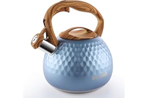 Tea Kettle, 2.7 Quart / 3 Liter BELANKO Stainless Steel Tea Kettles for Stove Top, Food Grade Teapot with Wood Pattern Handle Loud Whistling for Coffee, Milk etc, Gas Electric Applicable - Royal Blue