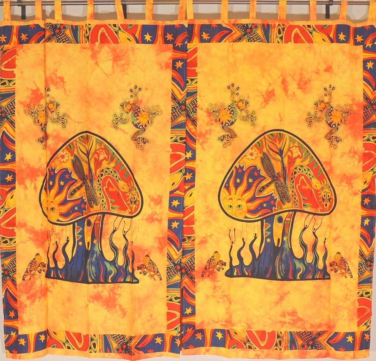NovaHaat Orange Mushroom Classic Curtains from India - 2 Elegant Cotton Print Living Room Window Treatments - Each Panel 82 Inch x 45 Inch