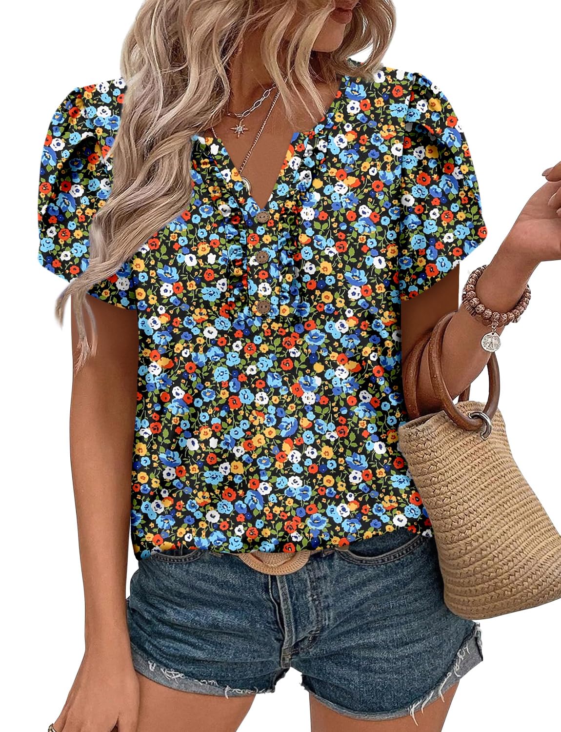 KISSMODA Women's Tunic Tops Casual V Neck Short