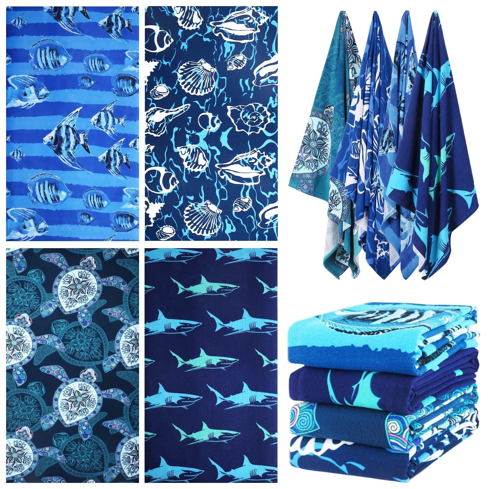 Photo 1 of 4 Packs Oversized Thin Beach Towel Set, 36 x 72 in XL Extra Large Big Soft Pool Swim Travel Towels Clearance for Adult Women Men Lounge Chair Cover Accessories Essentials Fish Shells Sharks Turtles