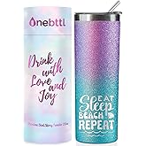 Onebttl Beach Gifts for Women, 20Oz Skinny Tumbler with Lid and Straw, Beach Themed Gifts for Beach Lovers, Glitter Blue & Purple (Eat Sleep Beach)