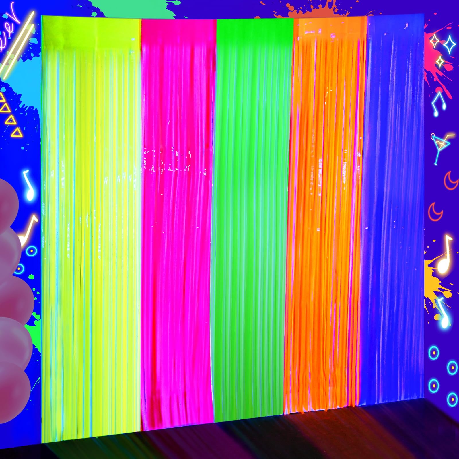 Photo 1 of 2 Pack Neon Glow Party Decor, 3.3 x 6.6 ft Fluorescent Tinsel Foil Fringe Curtains, Brighten Up Your Photo Booth Space Glow in The Dark Party Supplies (Macaron Yellow Purple Green Orange Blue)