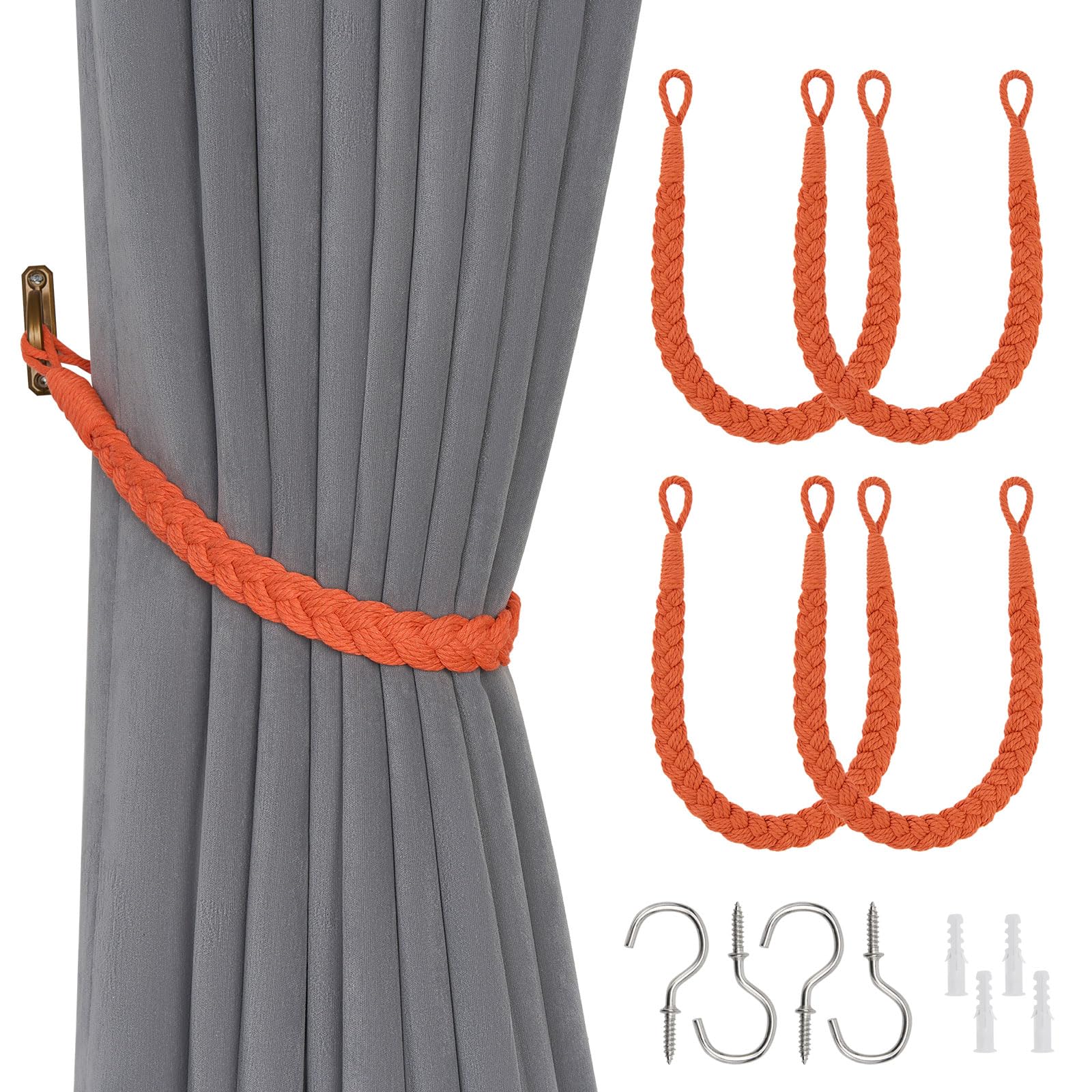 Pretty Jolly 4 Pack Natural Cotton Rope Curtain Tiebacks Elegant Boho Style Decorative Drape Tie Backs Soft Hand-Woven Rope Curtain Holdbacks with Metal Hook for Home & Office Drapery (Orange)