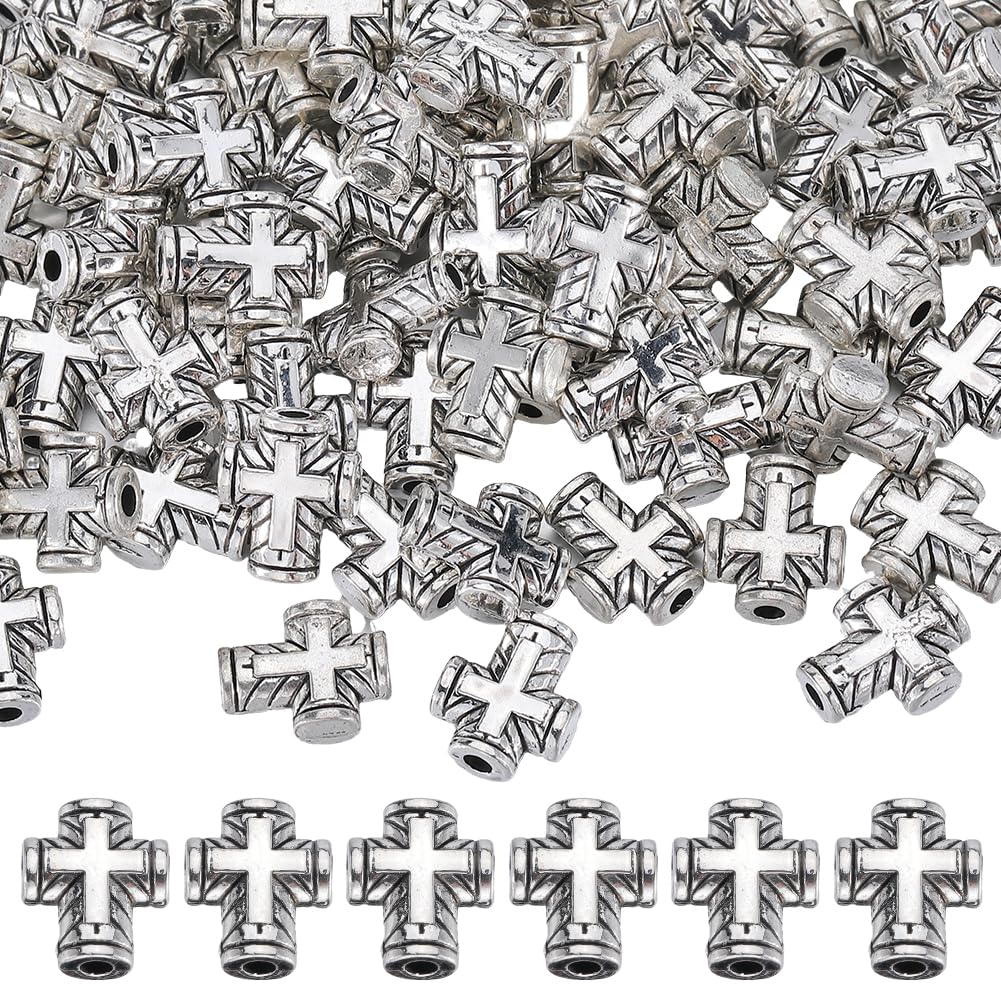 SOFPLATE 120pcs 1 Box Silver Cross Beads Bulk Metal Cross Bead Alloy Small Mini Tibetan Style Crosses Crucifix Loose Spacer Bead for jewellery Making Supplies Women Holiday Crafts beading Accessories