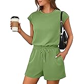 ANRABESS Rompers for Women Summer 2026 Casual Cap Sleeve Crewneck Drawstring One Piece Jumpsuit Outfits with Pockets