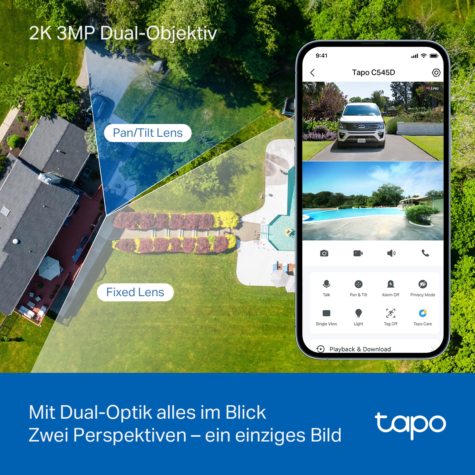 Tapo C545D Outdoor Überwachungskamera | 2K Dual-Objektiv | 165° Weitwinkel & 6mm Teleobjektiv | Smart Tracking | Gratis KI-Erkennung | 2,4GHz WLAN & Ethernet | Lokale MicroSD | IP66 4