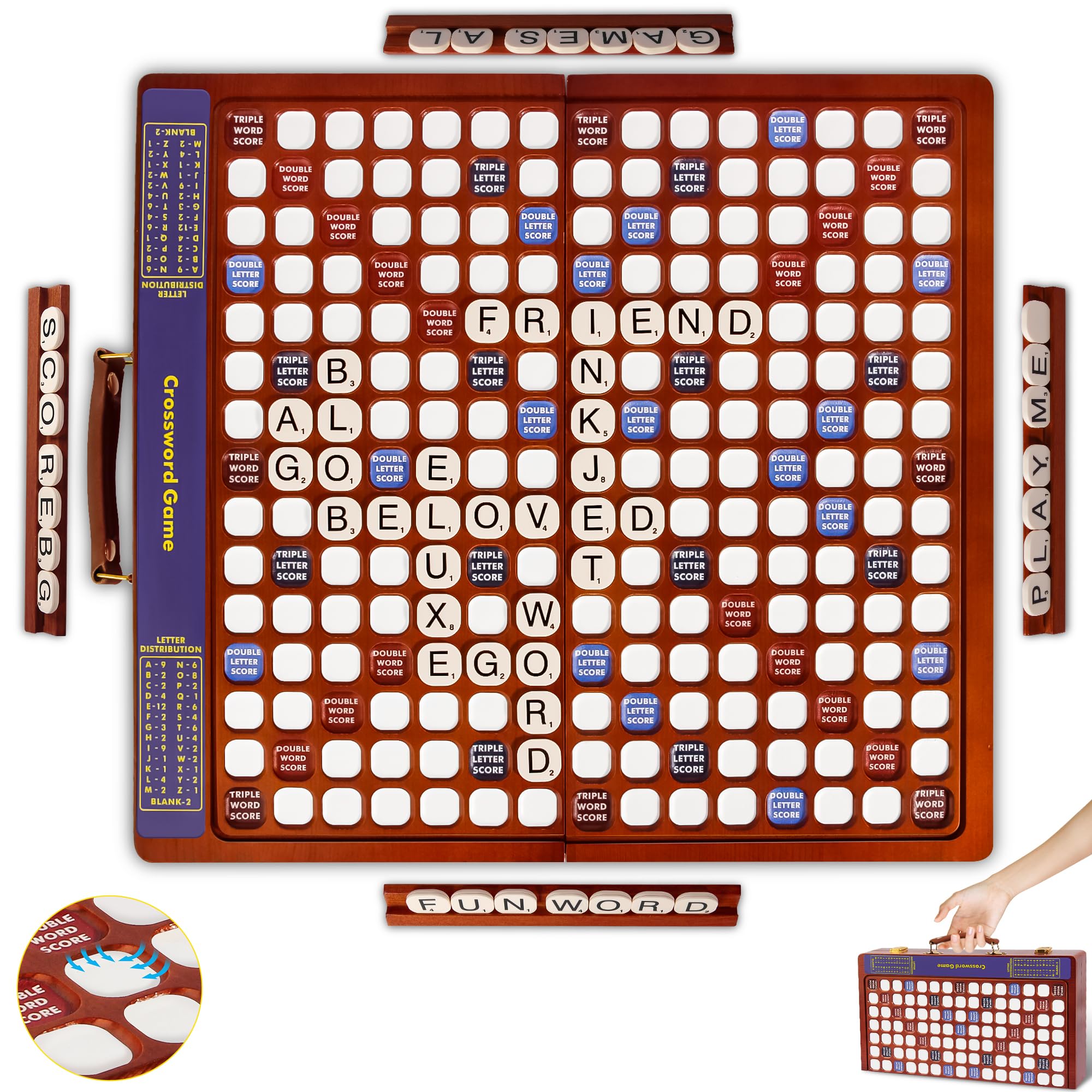 Photo 1 of Crossword Game with Rotating Wooden Board, Foldable Board into Portable Carry Case, Luxury Edition Word Building Game with 100 Letter Tiles, Educational Family Board Game for 2-4 Players
