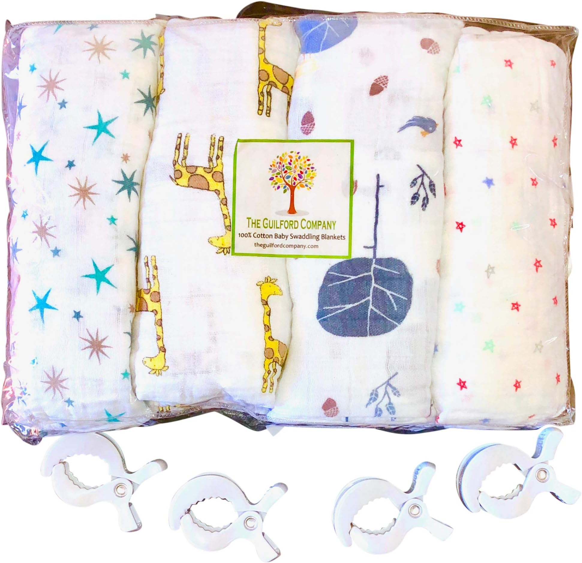 Baby Boy-Cotton Nursery Blankets (4) plus 4 Stroller Clips
