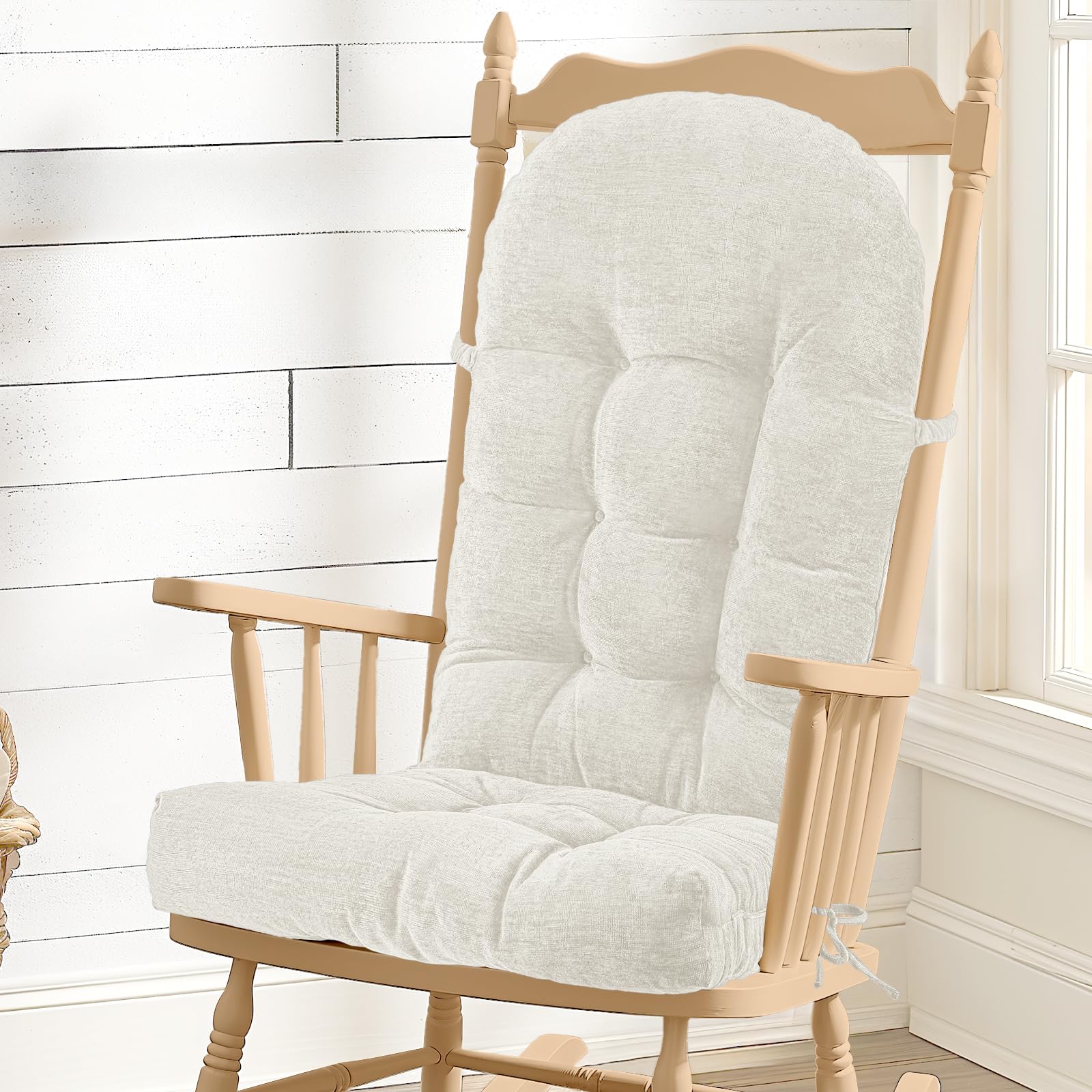 Photo 1 of ROFIEJOX Rocking Chair Cushion - Chenille Fabric, High-Density Sponge, Durable Comfort Double-Sided Tufted Seat Pads with Ties, Chenille?Cleanroom White, 44x19x4 inch