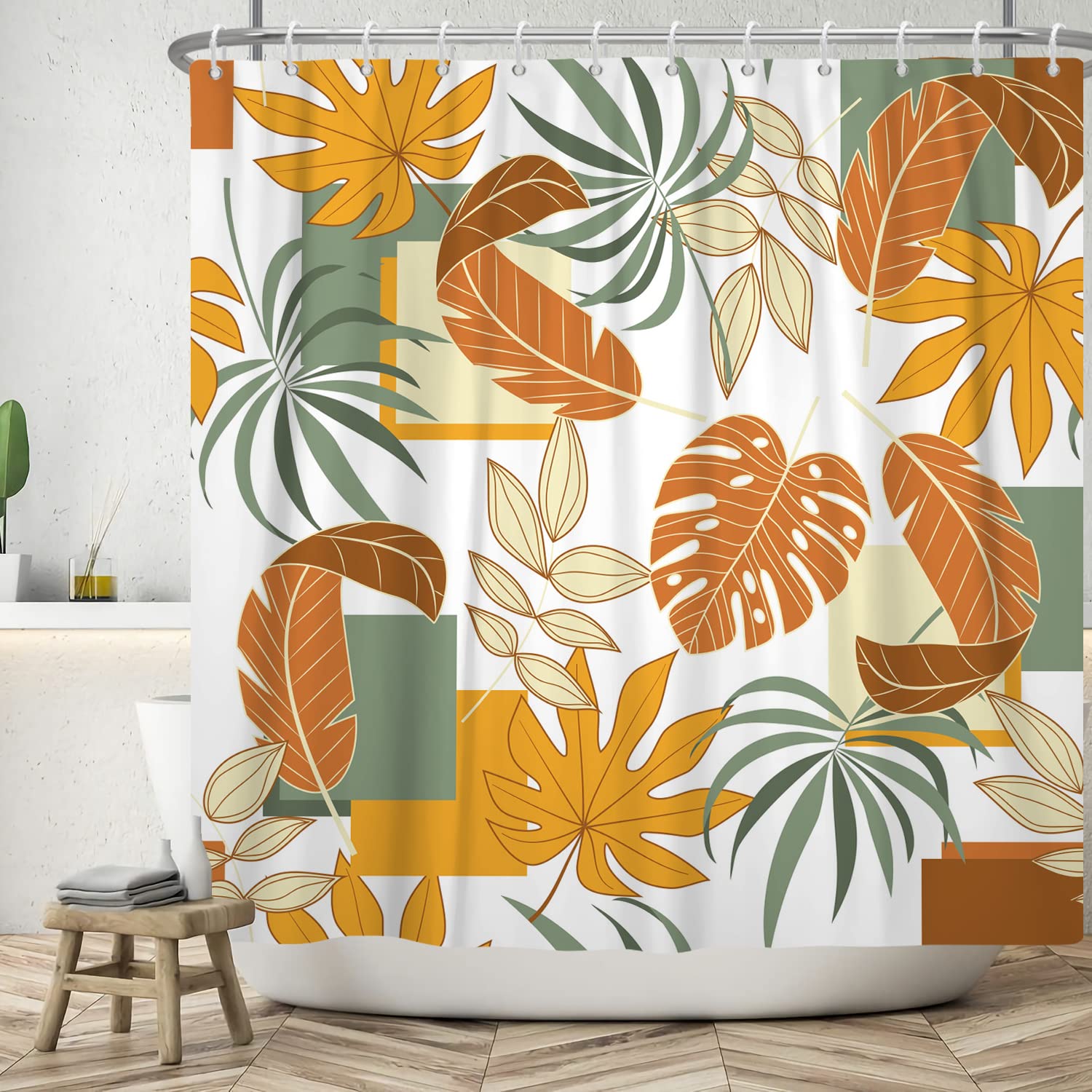 Bovlleetd 72x84inch Bohemian Bathroom Curtain Waterproof Abstract Botanical Shower Curtain Watercolor Mid-Century Tropical Plant Shower Curtains Washable Bathtub Decorative Curtain with Hook — image 1