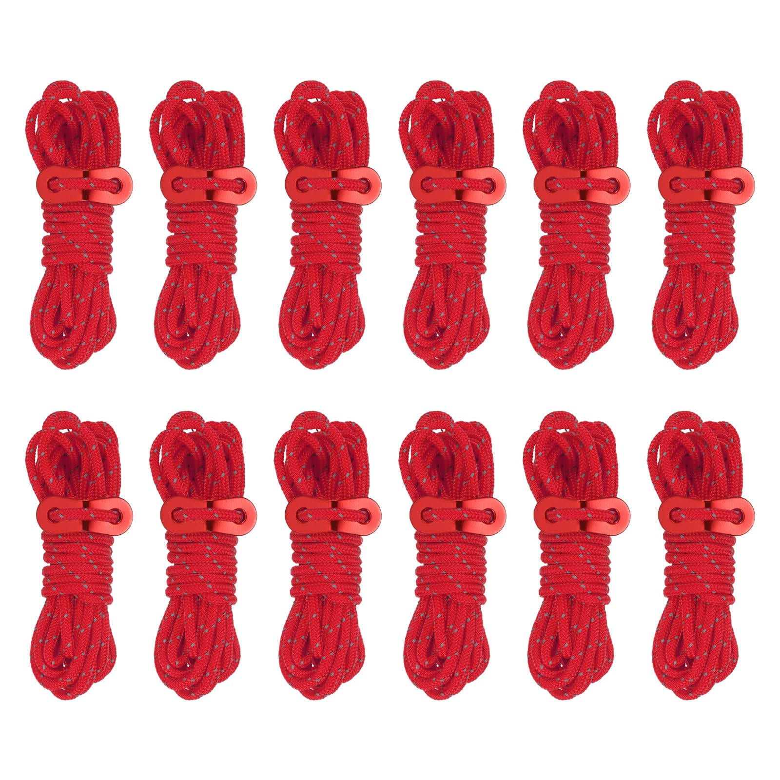 PATIKIL 4mm Tent Rope, 12 Pack 13ft Reflective Guyline Cord Tied Downs Rope Paracord Cord Camping Ropes with Red Aluminum Cord Adjusters for Camping Hiking Tent, Red