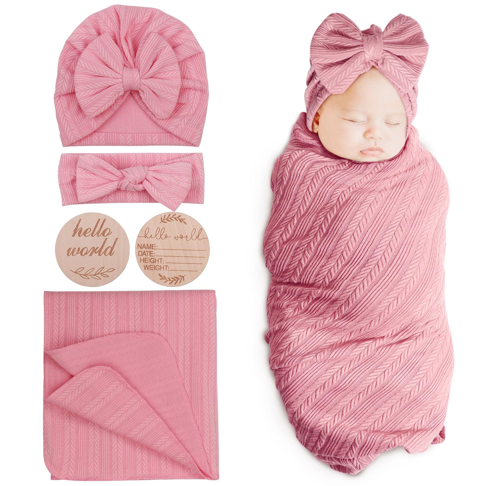 Photo 1 of BQUBO Baby Swaddle Blankets for Girls, 4PCS Newborn Accessories Set with Hat and Bow Headband with Hello World Wooden Birth Announcement Card, Baby Blankets for Girls