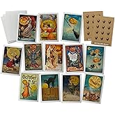 Vintage Halloween Note Cards - 24 Antique Halloween Cards & Vintage Sticker Seals - 12 Assorted Retro Book Illustration Cards Printed on Antique Textured Style Cardstock