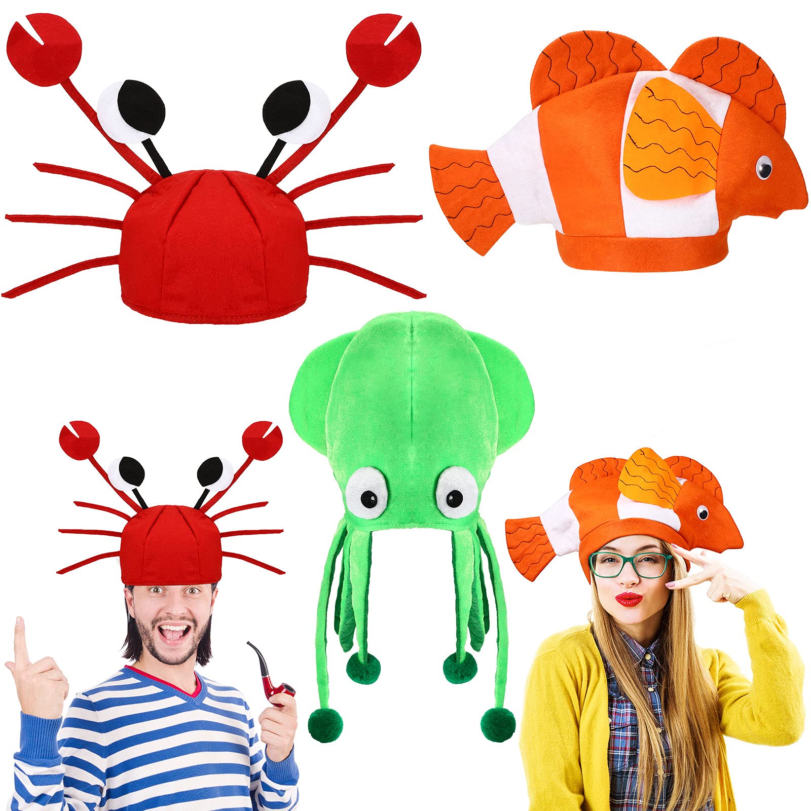 Kasyat Funny Ocean Animal Hats 3 Pack, Octopus, Crab & Clown Fish Costume Hats for Adults & Kids, Halloween Party, Photo Booth Props